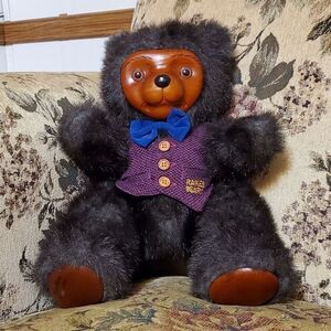 Vintage 1985 Robert Raikes 'Bently" Wood Purple Vest Figurine Teddy Bear